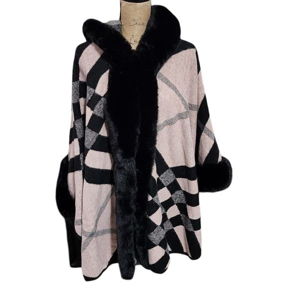Sioni Plaid Faux Fur Hooded Cape Poncho L XL Pink Black Cozy Warm Outerwear - Picture 6 of 8